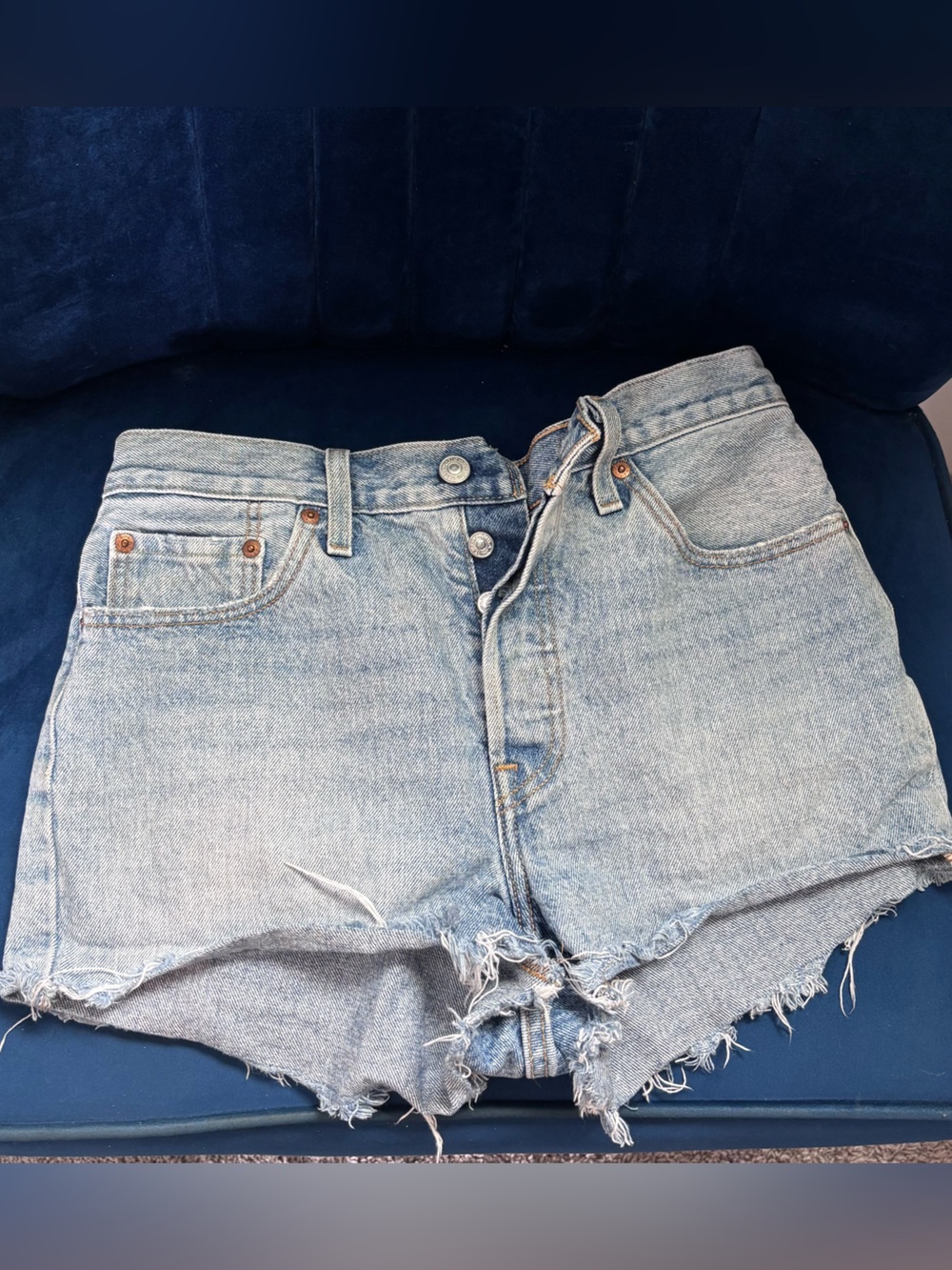 Levi's Light Blue Frayed High-Rise Jean Shorts
